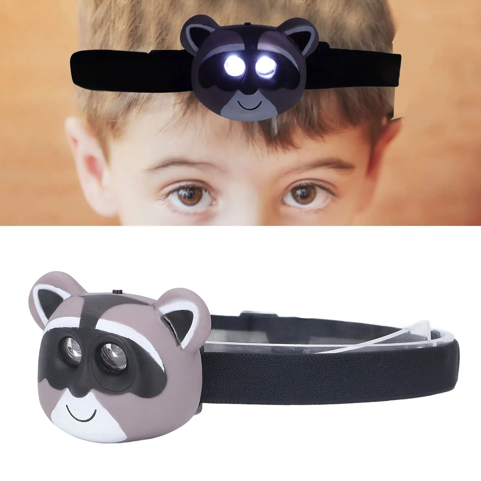 

ZK40 Kids Headlamp Raccoon Appearance 2 Lighting Modes Lightweight Battery Powered Plastic LED Headlight for Children