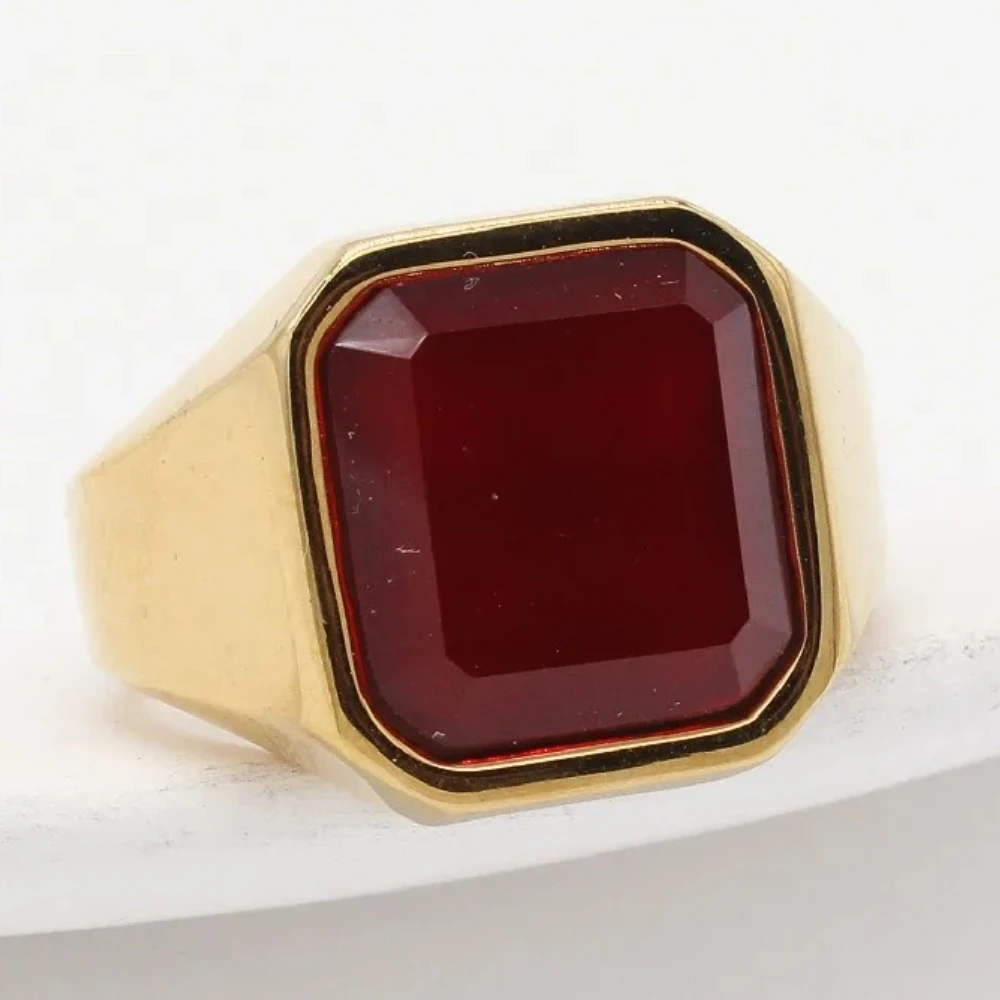 Simple Square Ruby Men\'s Ring Rhinestone Stainless Steel Rings Retro Punk Male Jewelry