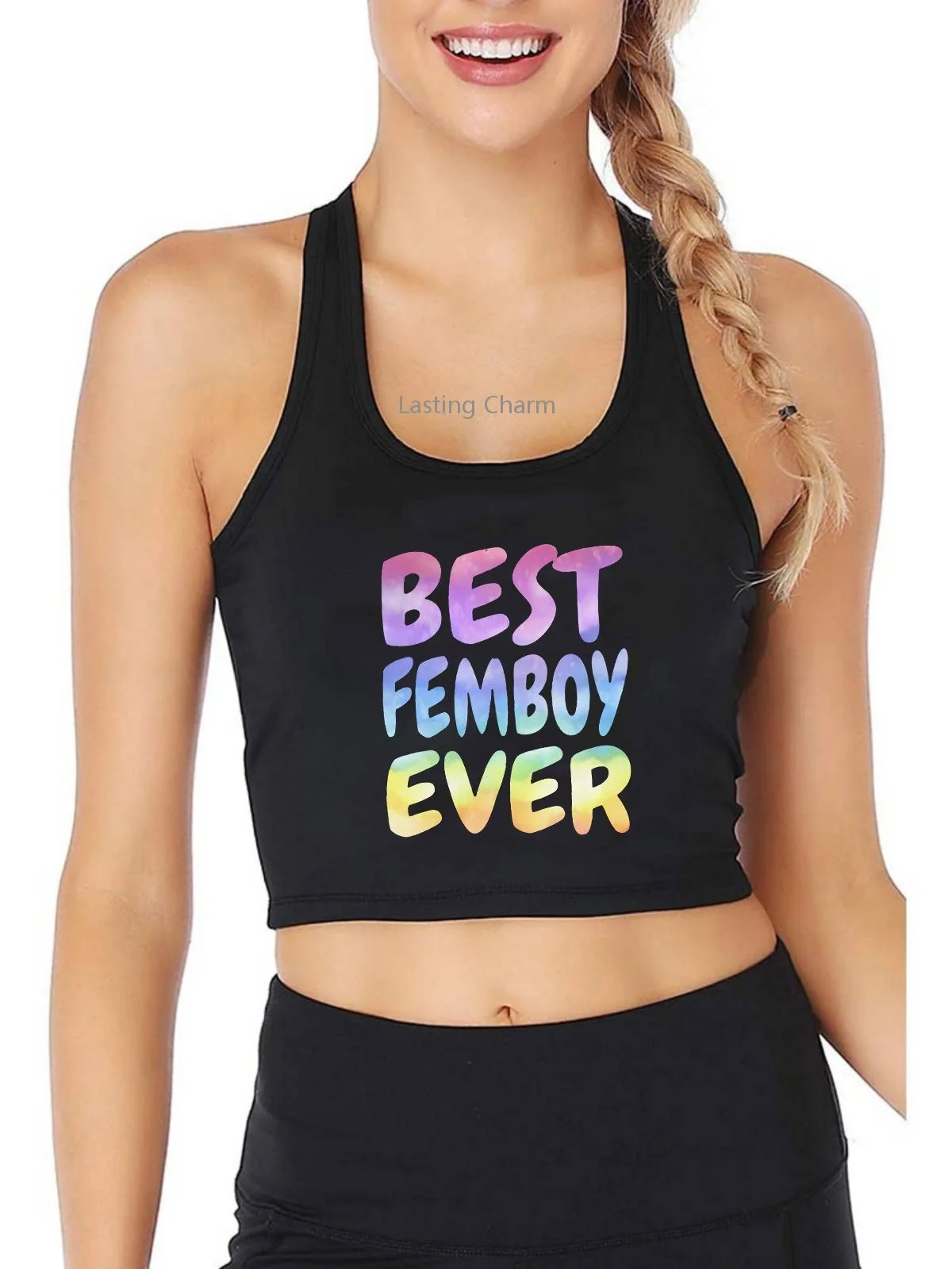 Best Femboy Ever Pattern Adult Humor Fun Flirty Print Tank Top Women's Yoga Sports Workout Crop Tops