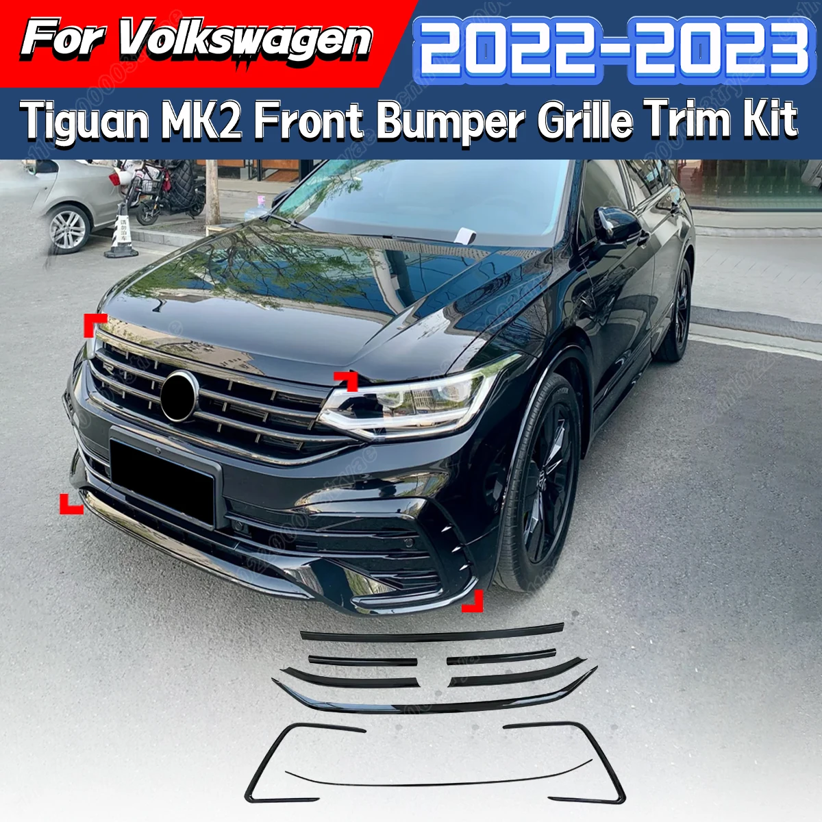 For Volkswagen Tiguan MK2 2022 2023 Car Front Bumper Black Stripe Chrome Trim Black Samurai Body Decoration Modification Kit