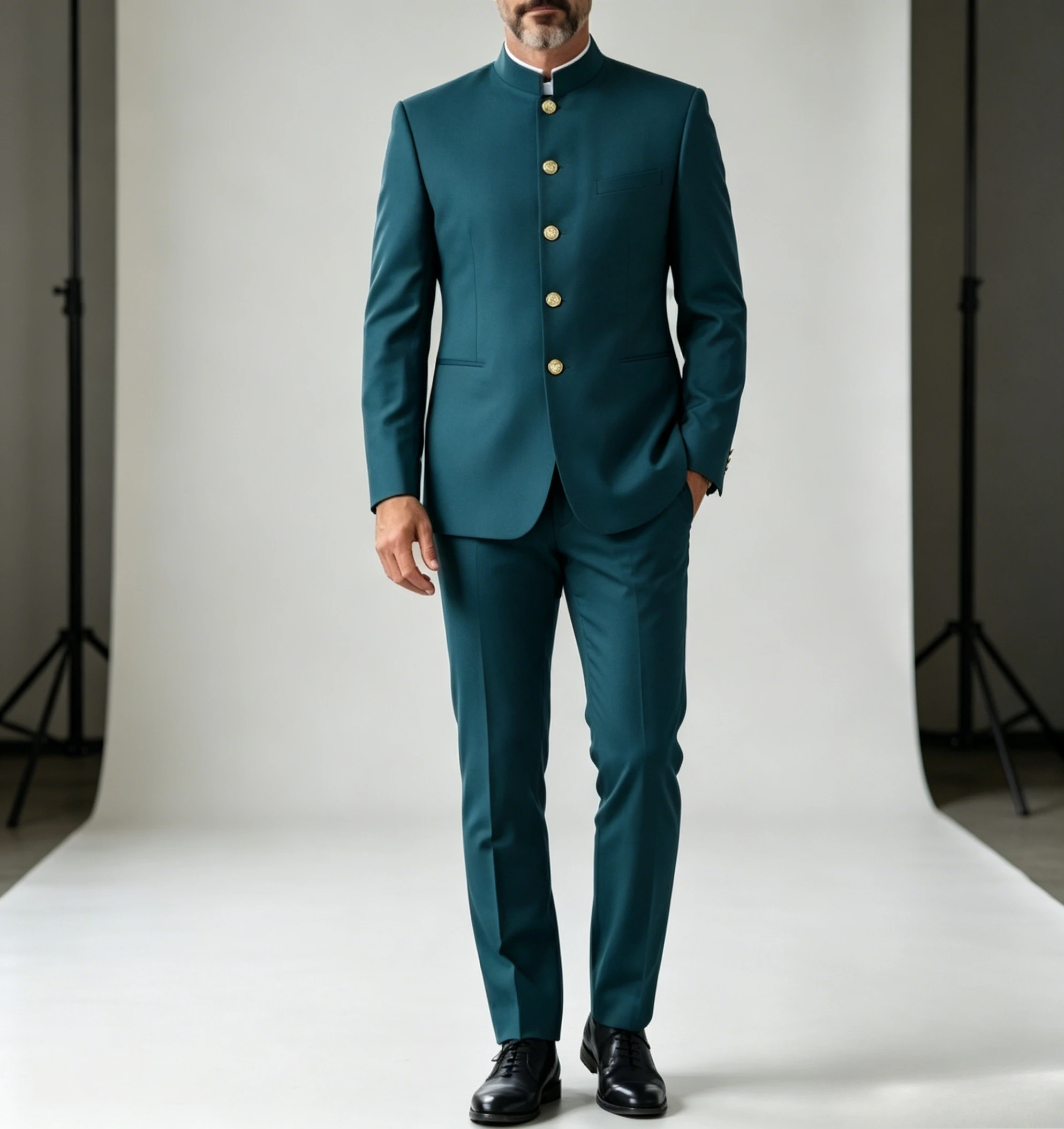 Men Stand Collar Suit 2 Piece Set Gold Button Slim Fit Outfit Formal Wedding Groom Business Party Prom (Blazer+Pants)