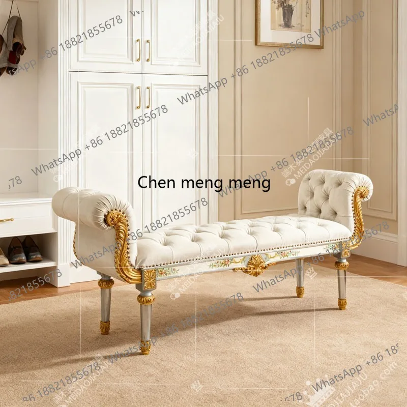 French court bedroom solid wood carving flower painted bedside stool velvet buckle living room shoe changing stool
