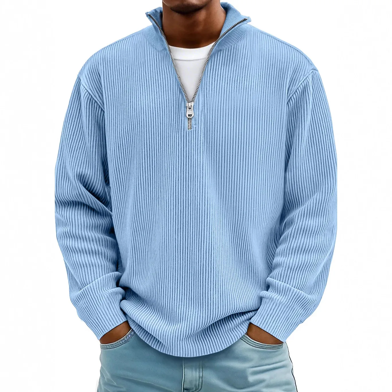 

2026 Spring and Autumn New Men's Casual Stand-up Collar Zipper Corduroy Long-sleeved Men's Polo Shirt Sweater