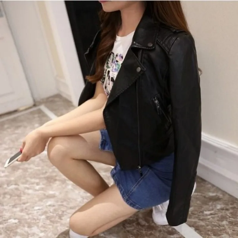 Female Spring Autumn Tops Coat Leather Coat Large Sweet Simple Leisure Brand Design Fashion Senior Soft Minority Versatile Thin