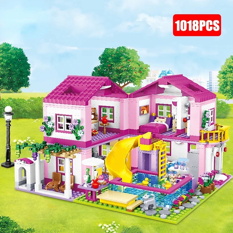 

1018PCS Friends City Romantic Summer Double-storey House Slide Swimming Pool Villa Building Blocks Figures Bricks Girl Toys Gift