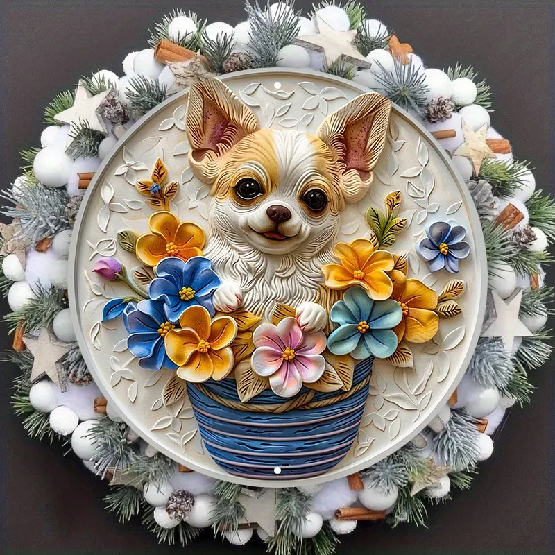 Chihuahua Dog Metal Sign with 3D Flower Wreath Design, Waterproof Aluminum Wall Art for Home Decor - 8x8 Inch (20cm)