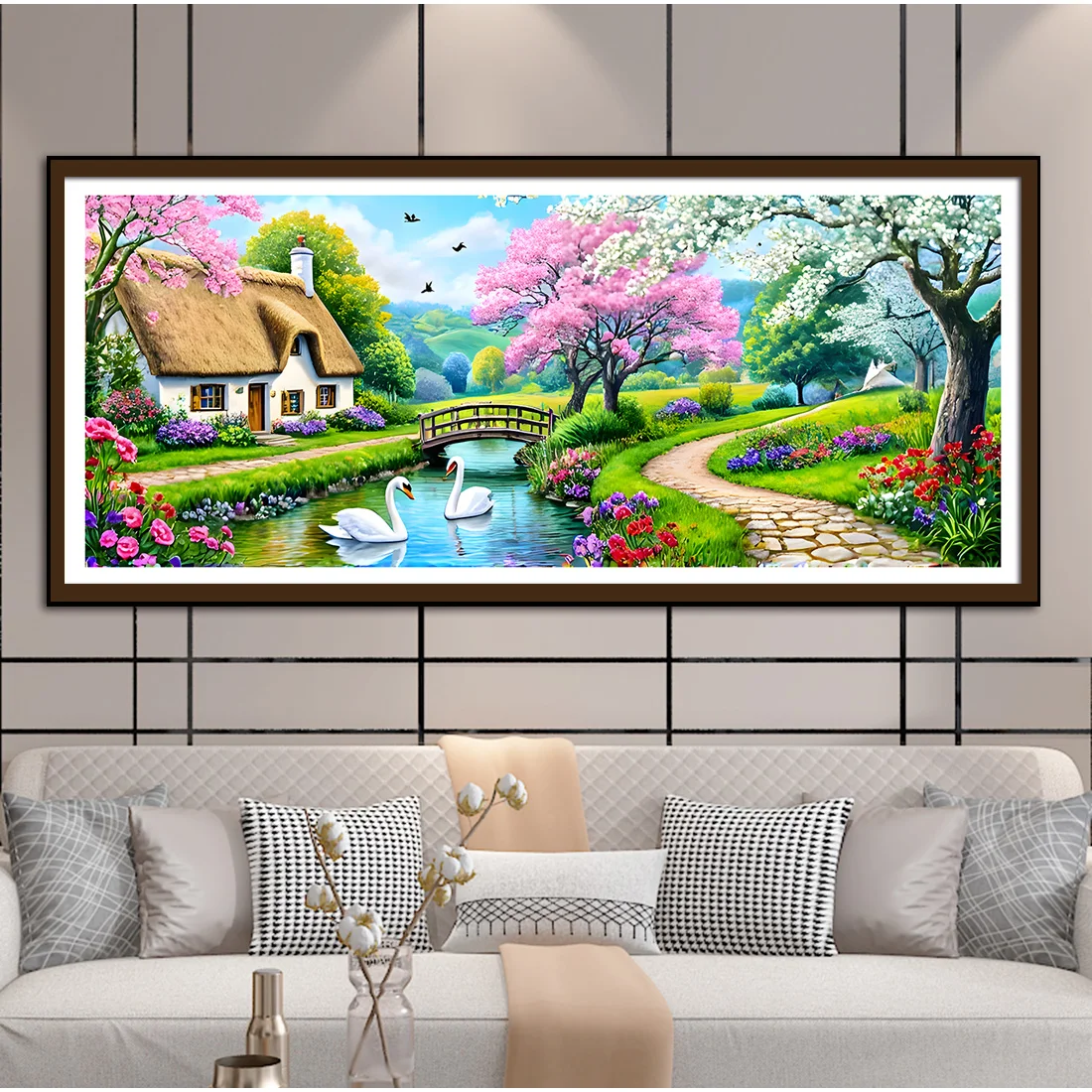 Springtime pastoral scenery cross-stitch kit, DIY printed embroidery material pack, large decorative painting of a beautiful home and rural cottage, with patterns of cherry blossom trees and swan streams, a warm home gift