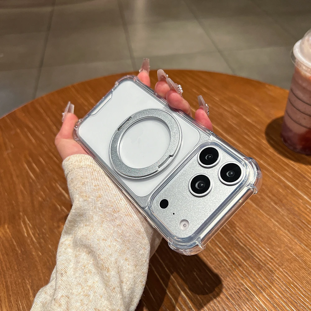 360 ° Drehbarer Ständer für MagSafe Clear Case für iPhone 18 Duo 17 Air 16 E 15 14 Plus 13 12 Pro Max, magnetische Halterung, Anti-Fall-Schutzhülle – Detail 4