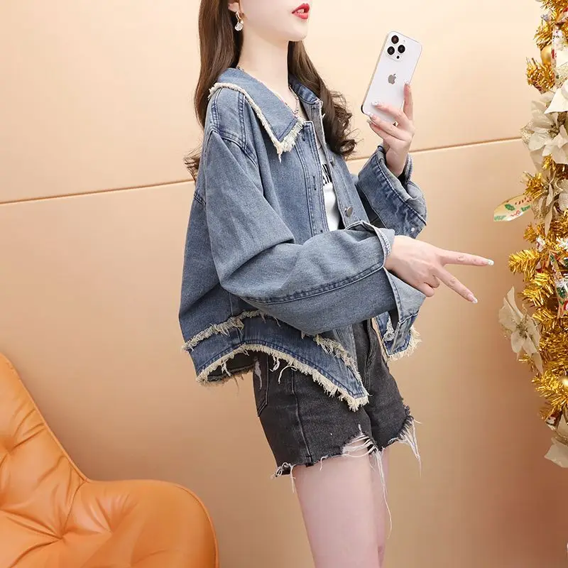 Fashion Tassel Spliced Denim Coats Female Clothing Casual Single-breasted Spring Autumn Lapel Korean Loose Long Sleeve Jackets