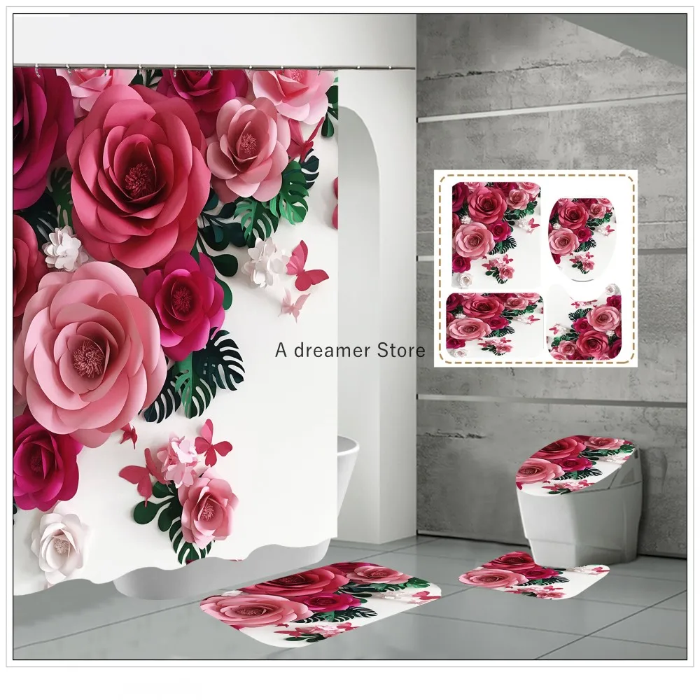 Valentine\'s Day Red Rose Flower Shower Curtain Waterproof Polyester Landscape Curtains Bathroom Shower Curtain And Rug Sets