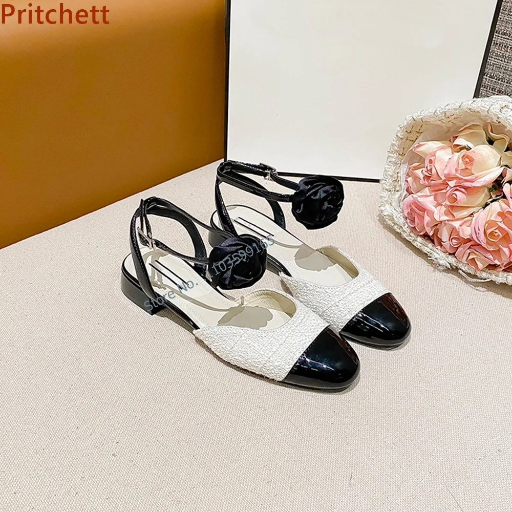 

Flower Mixed Color Sandals Round Toe Chunky Heel Buckle Strap Ankle Band Women's Shoes Black White Summer Vocation Shoes