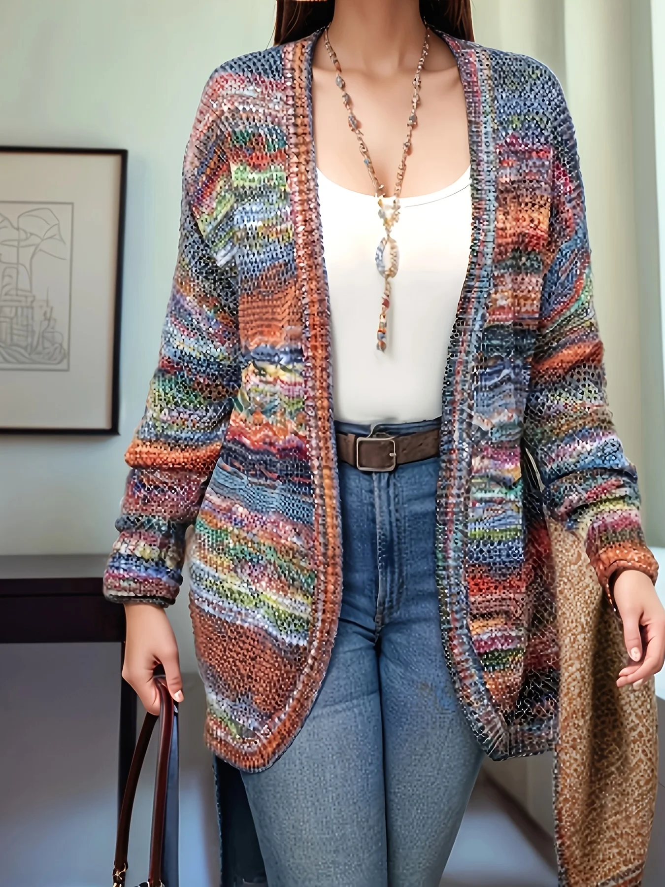 

Популярный повседневный и универсальный вязаный кардиган градиентного цвета 2025 года случайного цвета.