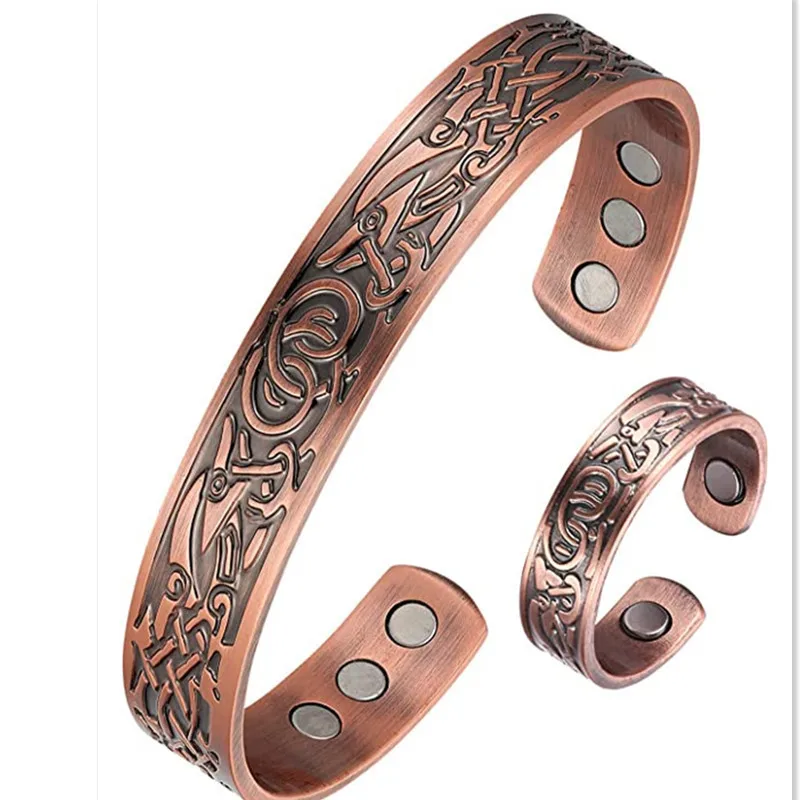 

Vintage Copper Magnetic Bracelet and Ring Set for Men Women with Complex Pattern Carving Adjustable Cuffs Unique Jewelry