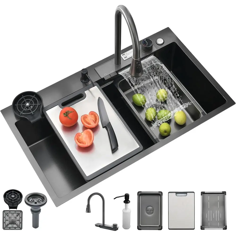 

27 Black Nano Stainless Steel Single Sink with Workstation and Accessories for Kitchen and Bar Countertop