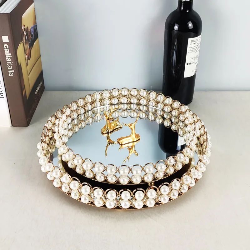 Europäische Perlenkantige Glas Tablett Ornamente Kosmetikspiegel Ablage Hochzeit Requisiten Spiegel Kuchen Rack Runde Glasplatte