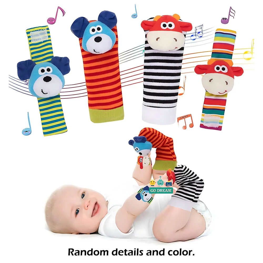 4 pçs chocalho do bebê brinquedos bonito animais de pelúcia chocalho de pulso pé localizador meias 0 ~ 24 meses para infantil menino menina presente recém-nascido