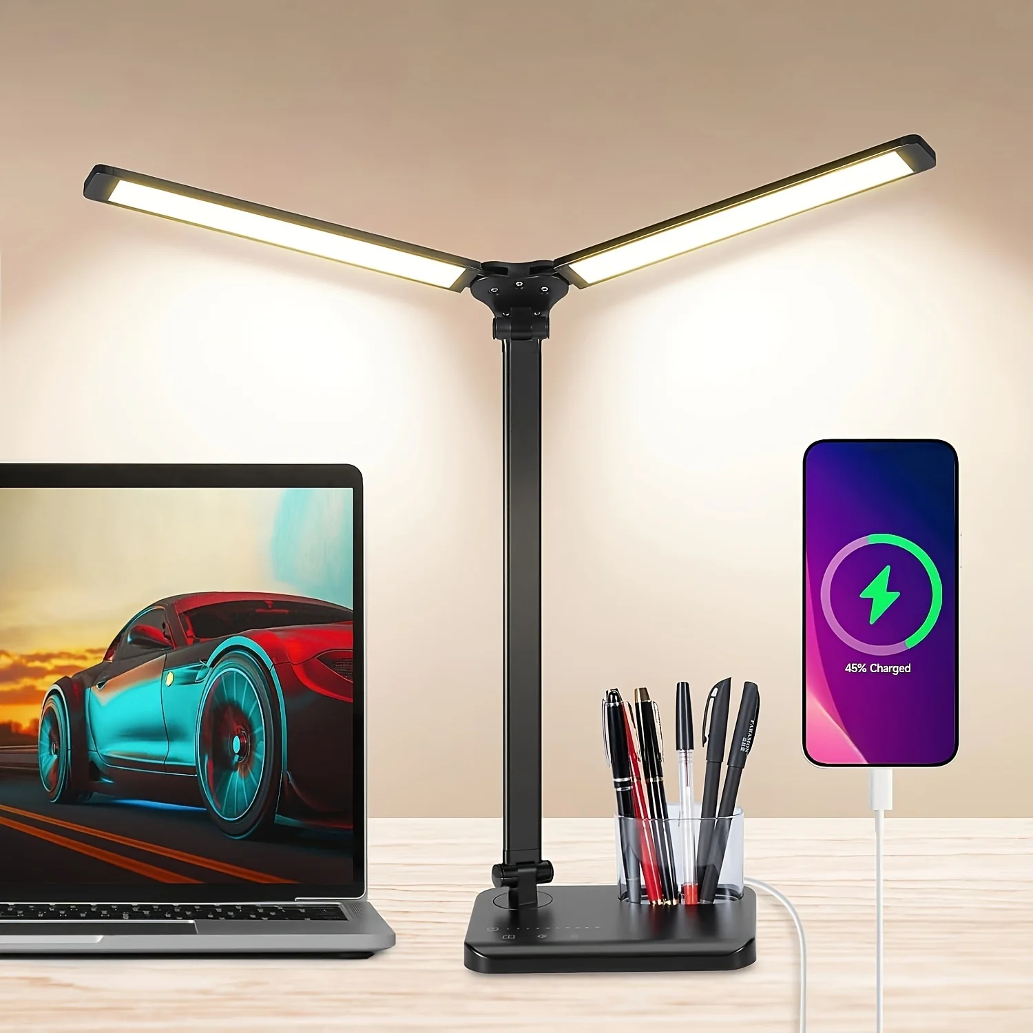 Adjustable Dual-Head LED Desk Lamp, Touch Control Table Light with Dimming Function and Foldable Design for Study & Office Use