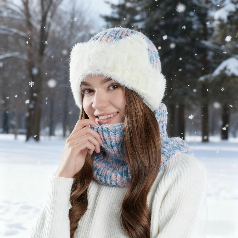 Warm Multicolor Knitted Beanie with Soft Faux Fur Brim Matching Snood Neck Warmer Set for Women Cozy Winter Accessories
