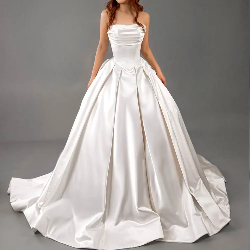 

Beach Strapless Satin Wedding Dresses For Bride Long Pleated Bridal Gown For Women A Line Ball Gown Vestidos Novia Boho