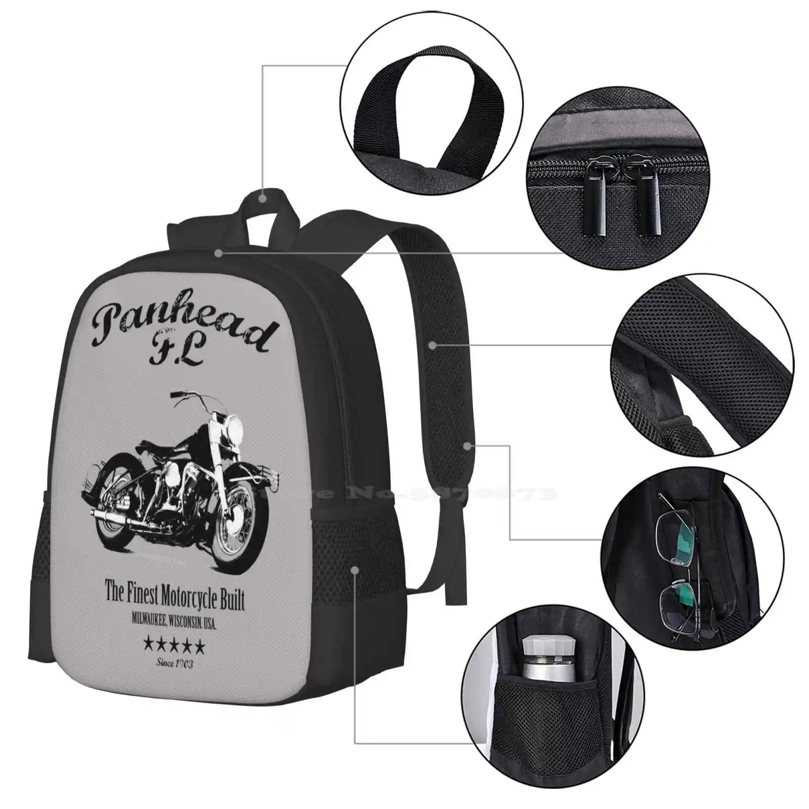 O padrão Fl Panhead Design Laptop sacos, Motocicleta viagens mochilas escolares, Motocicleta clássica, Transporte, Vintage