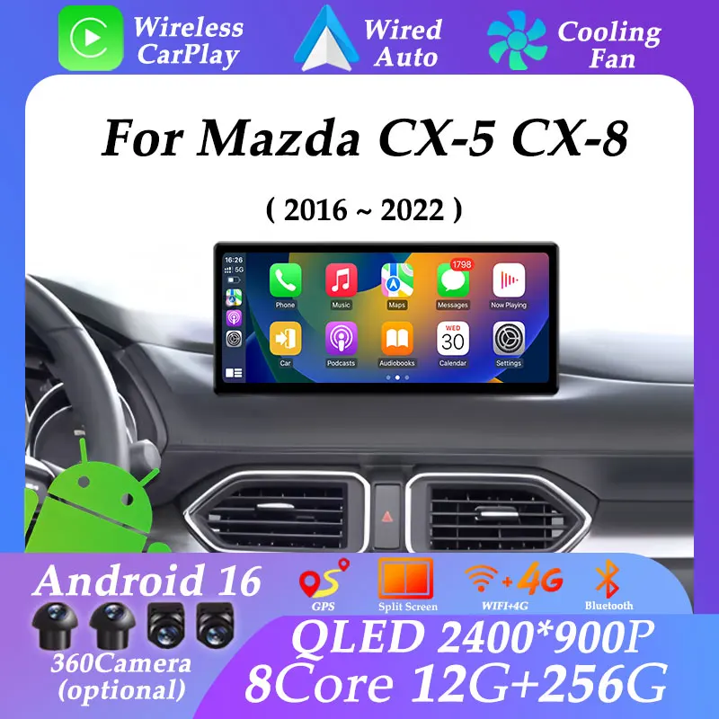 

GPS Navi 12,3-дюймовый ультратонкий экран Android 16 для Mazda CX-5 CX-8 2016-2022 Разделенный экран Carplay Auto WIFI Головное устройство DSP BT
