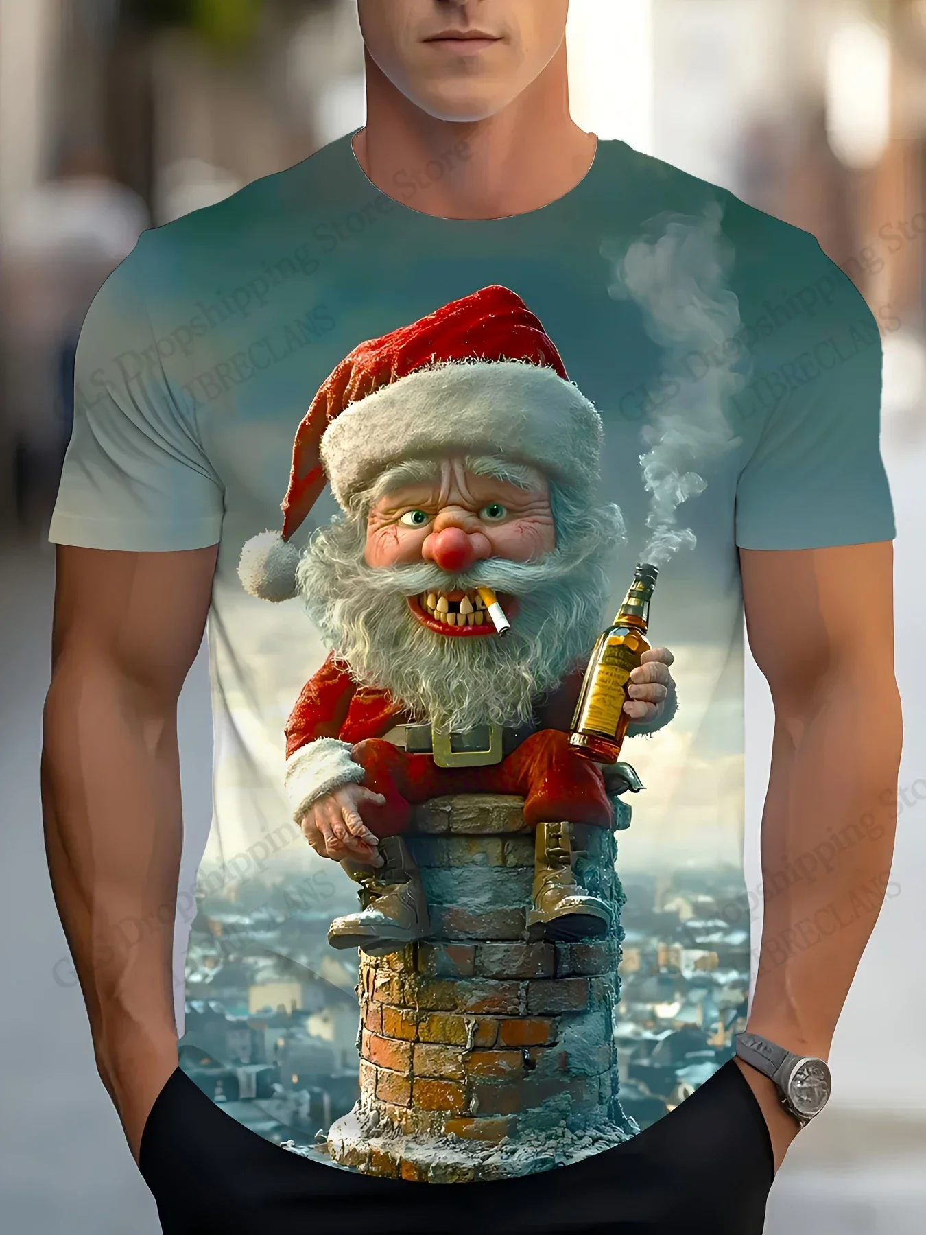 Men's Merry Christmas Split Color Santa Claus T-Shirt Christmas Tree Gift Print Crew Neck Short Sleeve Holiday Party Tee Tops