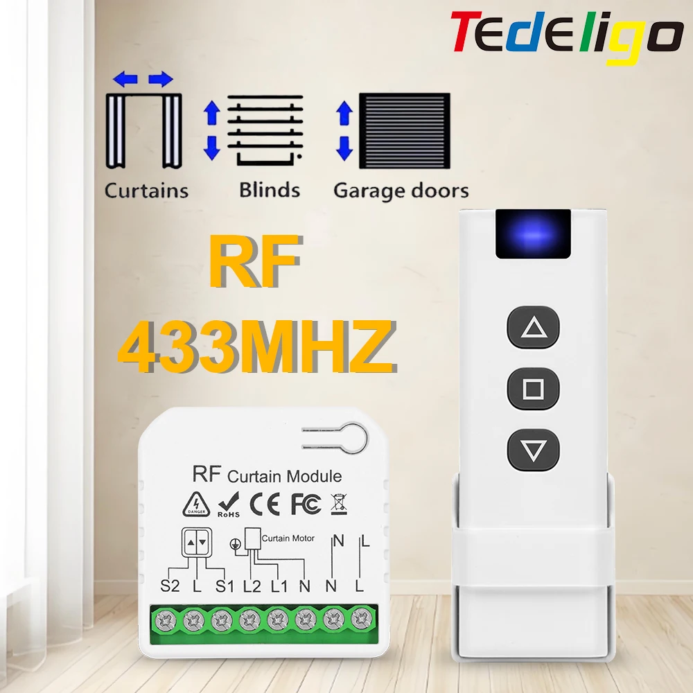 433Mhz RF Curtain Switch 110v 220v 10A Roller Blinds Shutters Module Remote Control for Electric Blind Motor Projector Screen