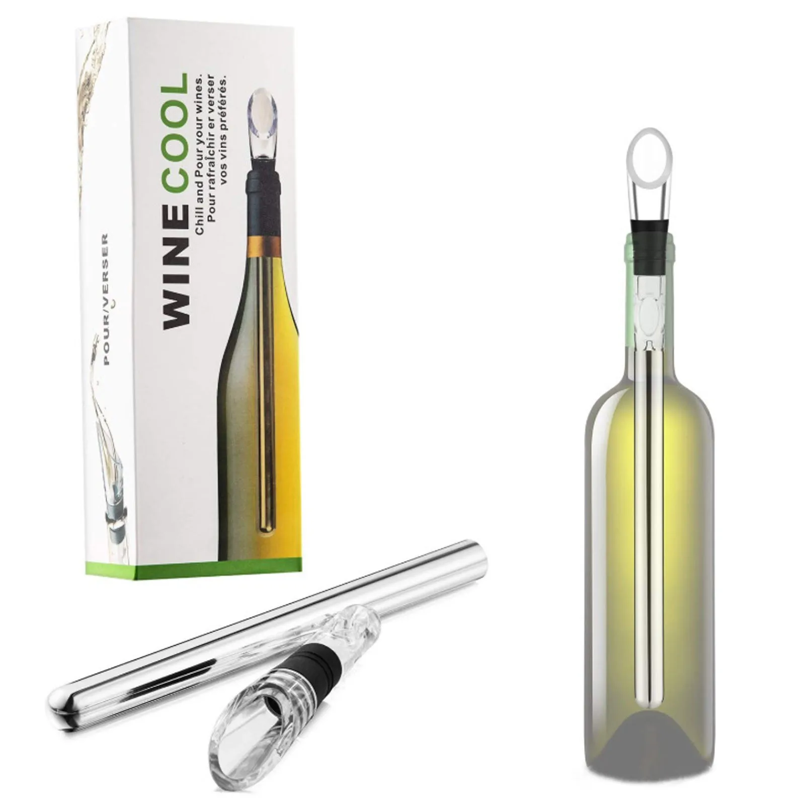 Aireador de vino enfriador de vino, palo enfriador de botellas de vino Islandess de acero inoxidable 3 en 1, versador aireador y boquilla decantadora