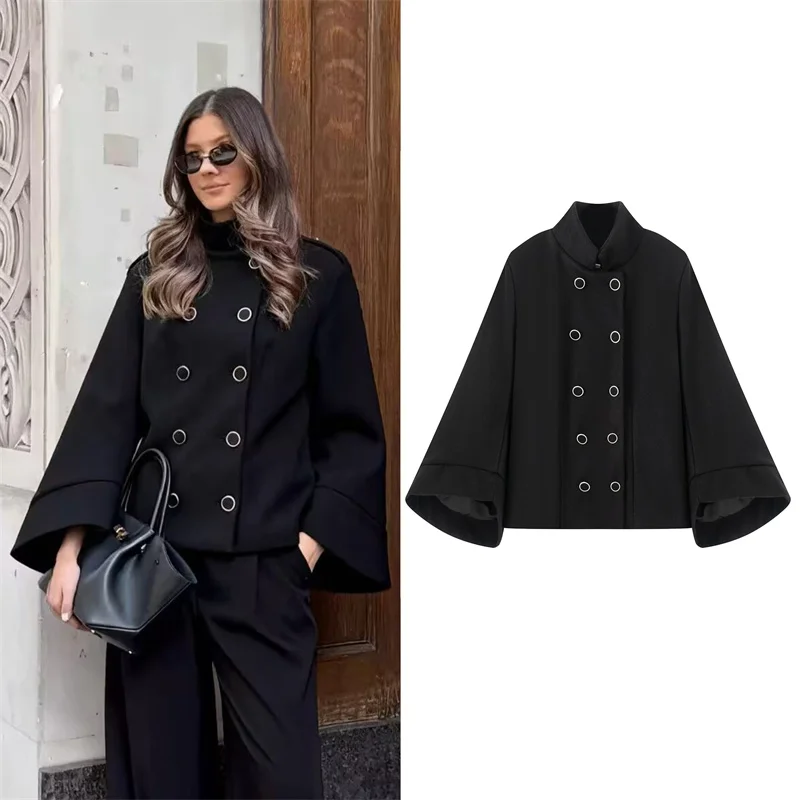 

Women's Jacket 2025 Autumn New Style Black Long-Sleeve Double-Breasted Decorative European and American Style Jacket Casual