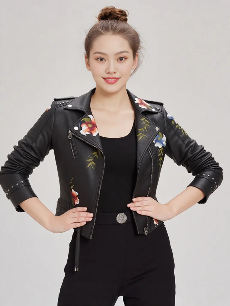 العلامة التجارية الجديدة المرأة الرجعية الأزهار طباعة التطريز فو سترة جلدية ناعمة معطف بدوره إلى أسفل طوق بولي Moto موتو السائق الأسود فاسق ملابس خارجية #4