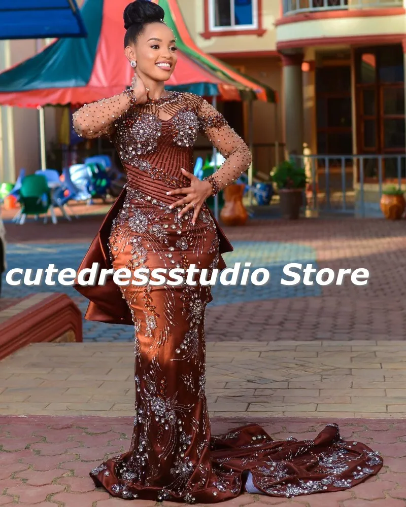 Formal Mermaid Evening Dresses Long Sleeves Beading Aso Ebi Prom Gowns 2024 African Wedding Reception Party Dress Customized