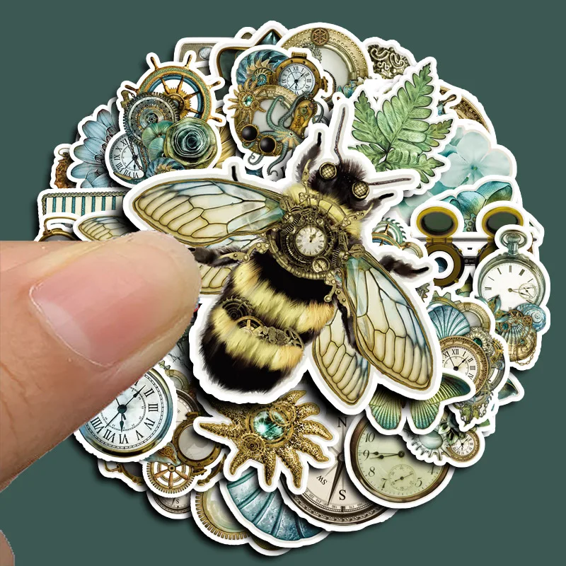 10/30/50PCS Green Retro INS Style Butterfly Bee Clock Sticker DIY Phone Laptop Luggage Skateboard Graffiti Decals Fun for Toy