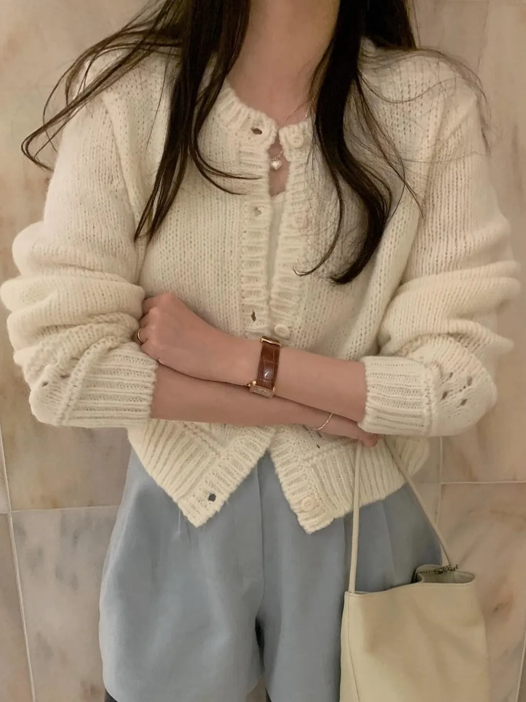 

Women's Knitted Open Cardigan Hollow Pattern Loose Long Sve round Ne Sweet Youthful Versatile Cotton Sweater Coat