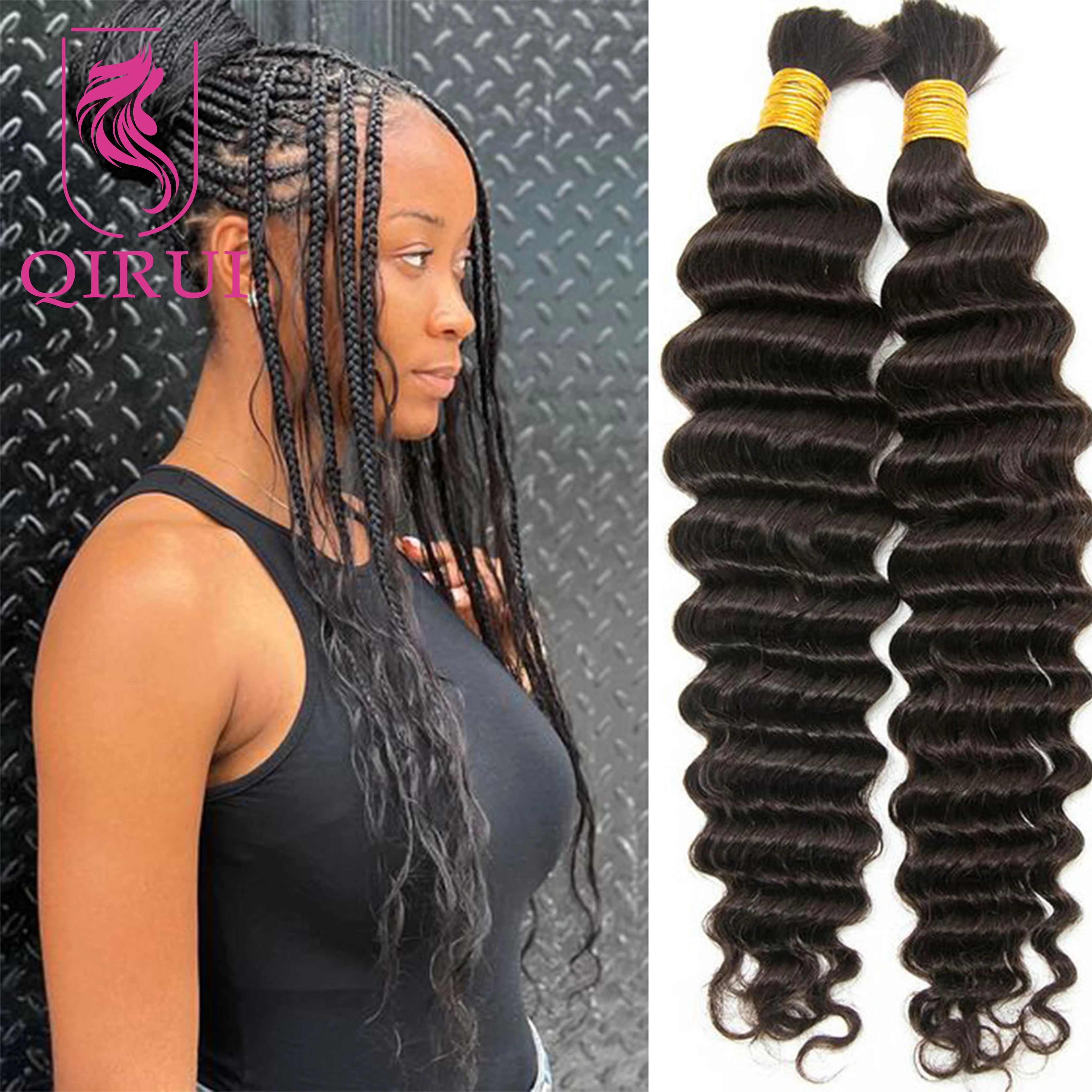 

Bulk Human Hair For Braiding Color 2 and 4 Deep Wave Curly Human Braiding Hair Double Drawn Bundles No Weft Extensions