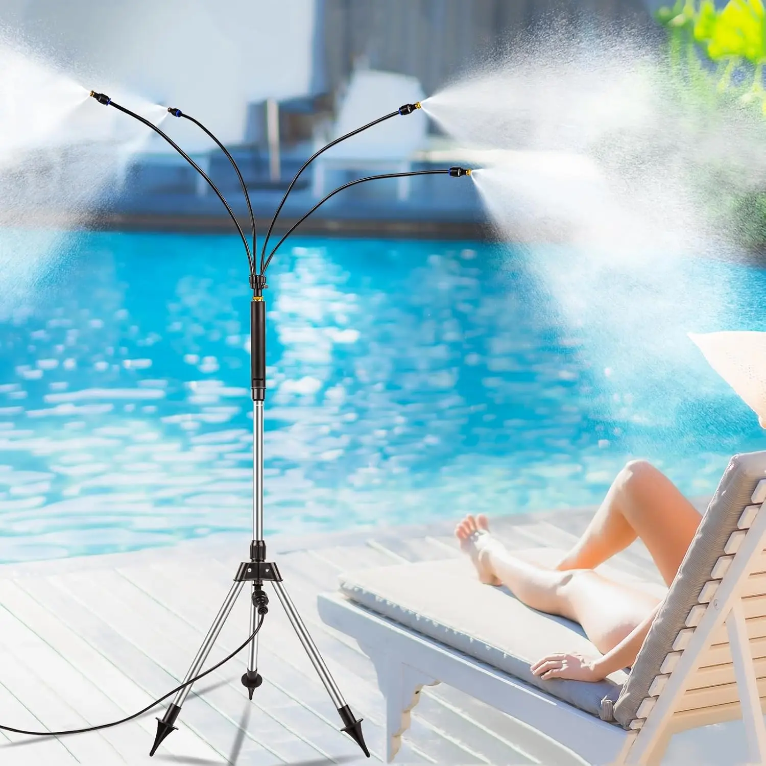 Niebla de pie para patio exterior con filtro - Altura ajustable 3.2-4.1FT Sistema de nebulización Línea 26.5FT Niebla de agua portátil