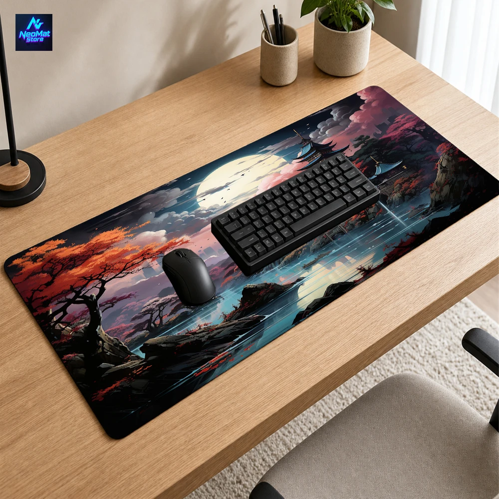 Japanese Landscape Mouse Pad Gaming Desk Mat 90x40cm Sakura Temple Moonlit River Decor Mousepads