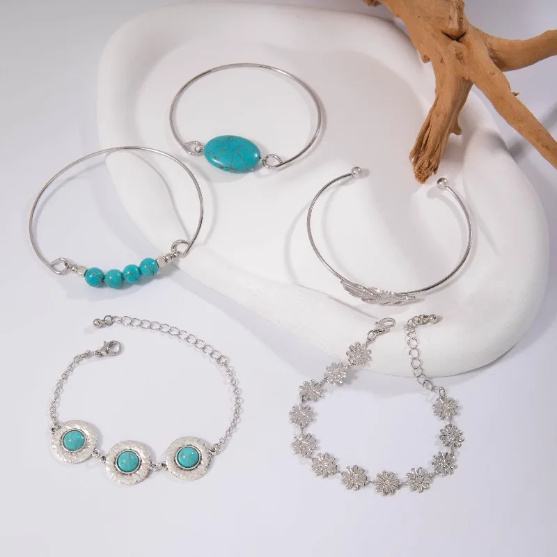5pcs/set Vintage Imitation Turquoise Butterfly Bracelet Set for Women Classic Flower Feather Bangle Adjustable Jewelry Party