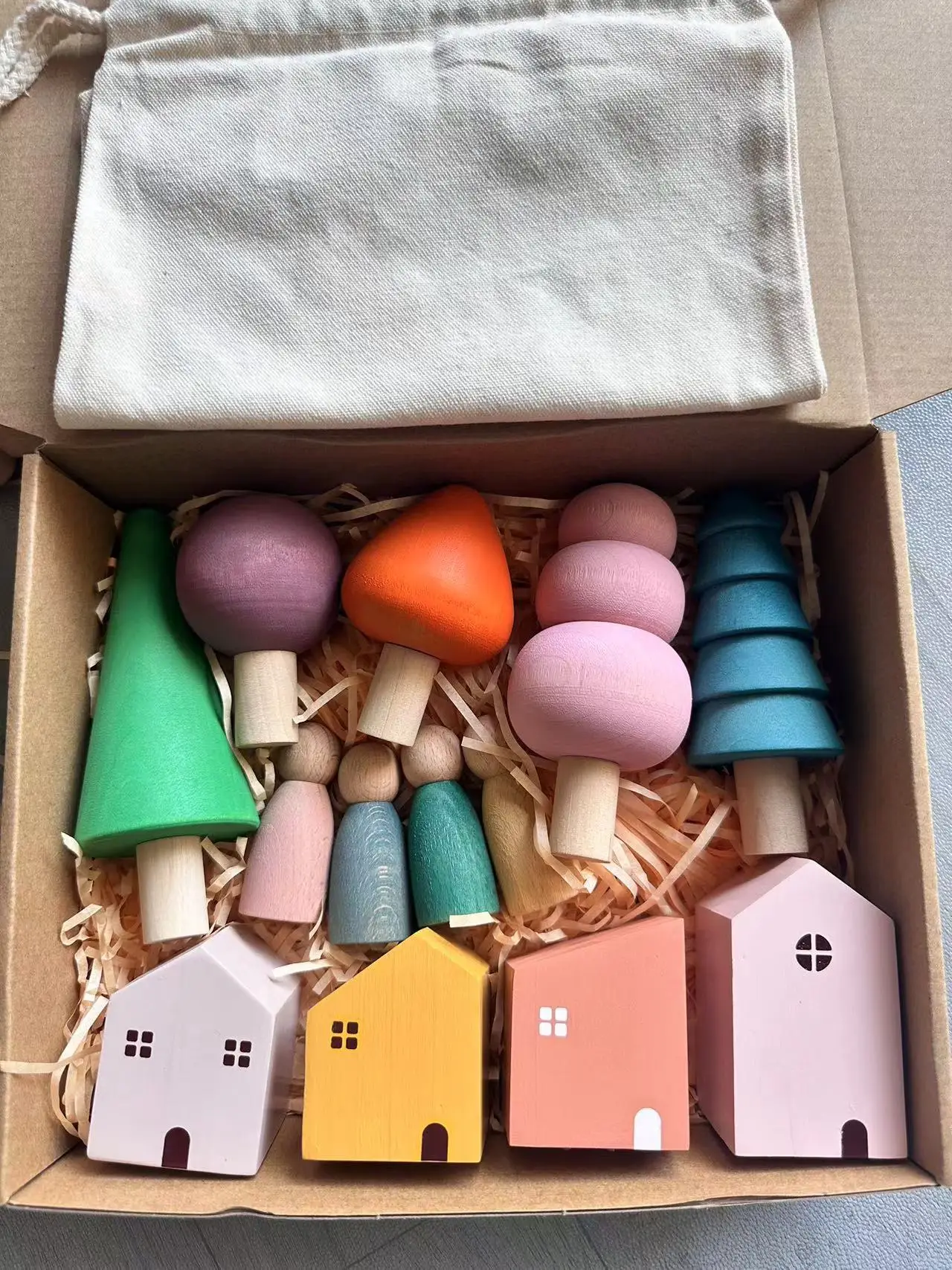 Kids Wooden Toys Pastel Nordic Buiding Blocks Stacking Crochet House Animals Rainbow Forest Trees