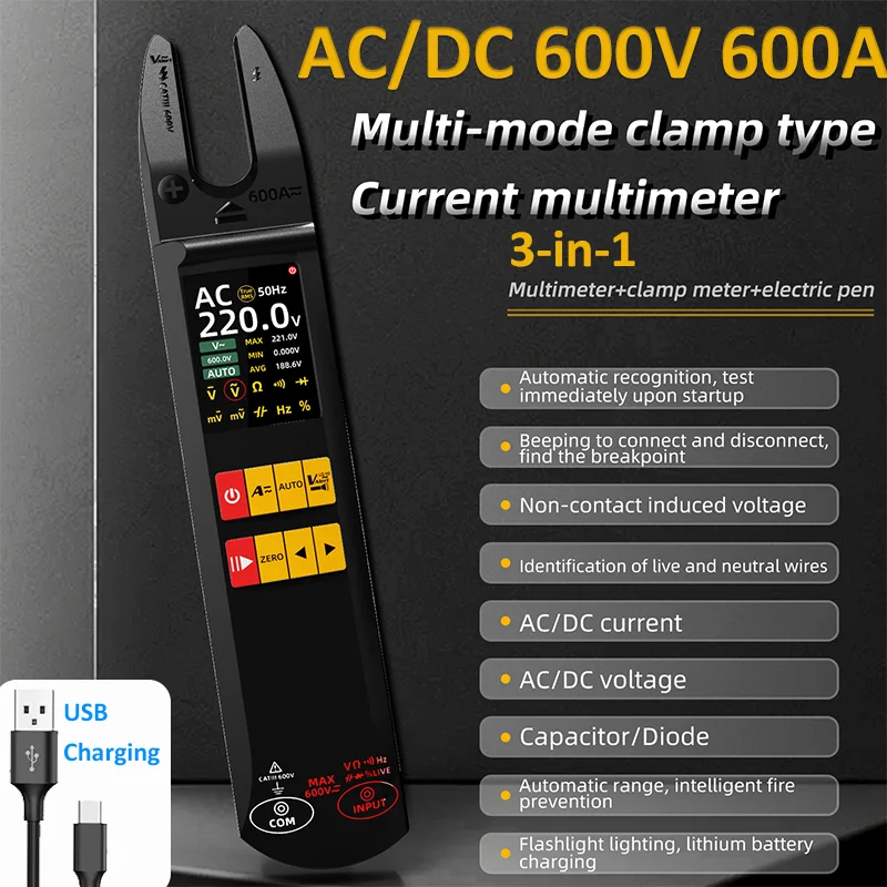 

3-in-1 Digital Clamp Meter Fork DC AC 600A 600V Smart Ammeter Pliers T-RMS Current Auto Multimeter Voltage Ohm Electrical Tester