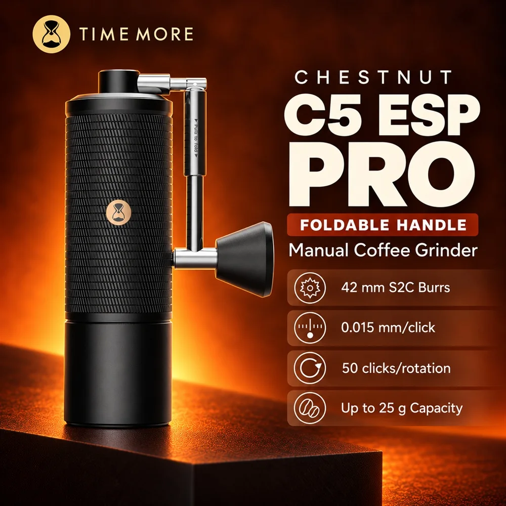 TIMEMORE 체스넛 C5ESP PRO 휴대용 수동 커피 그라인더 접이식 핸들 디자인 S2C 42mm 버 내장 더 높은 분쇄 효율