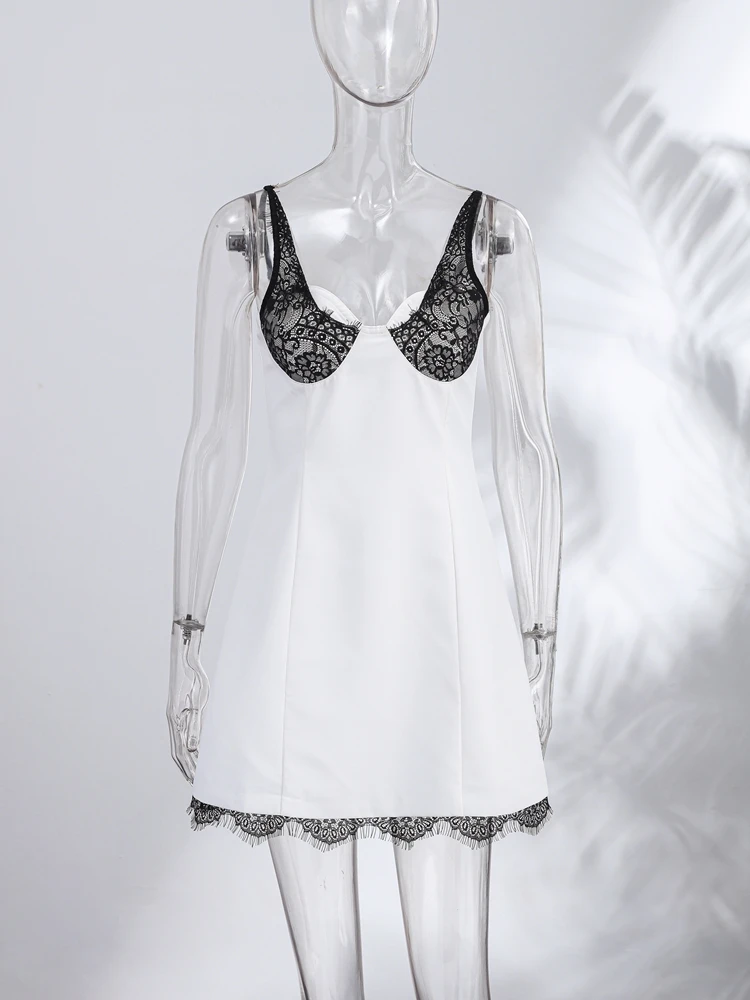 Women Dress Lace Trim Cinched Waist Mini Dress Deep V-Neck Sleeveless Bodycon Slip Dresses Elegant Night Party Outfit For Women