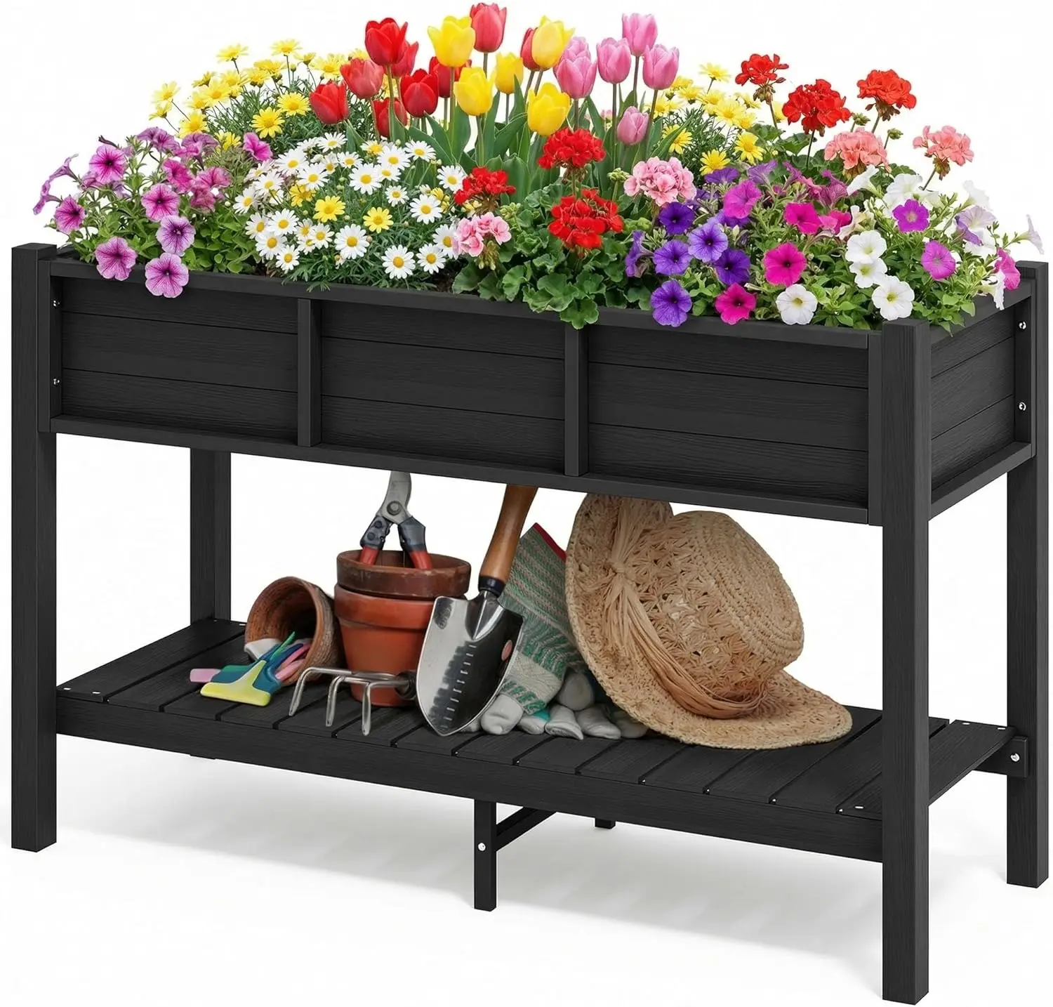 

Комплект приподнятой грядки 48x18x30 дюймов с ножками и полкой для хранения, устойчивый к погодным условиям ящик для растений из HDPE для заднего двора, патио, балкона