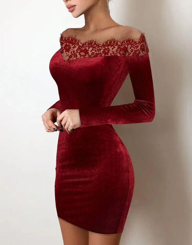 Vrouw Sexy Fluwelen Bodycon Jurk Van De Schouder Semi-Doorschijnende Wimper Kant Ontwerp Dames Elegante Skinny Mini Feestjurken