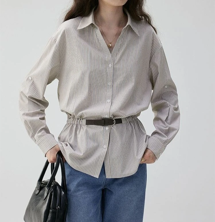 Striped 2025 Loose Shirt Autumn Lapel New Style Temperament Commuting Waist Cinched Top Looks Slim