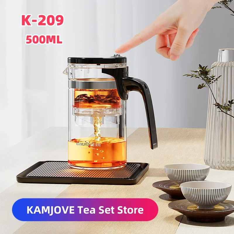 KAMJOVE Newly 500ML Heat-resistant Glass Tea Pot with Separation,One Click Filter Teapot with Infuser Removable Inner Liner