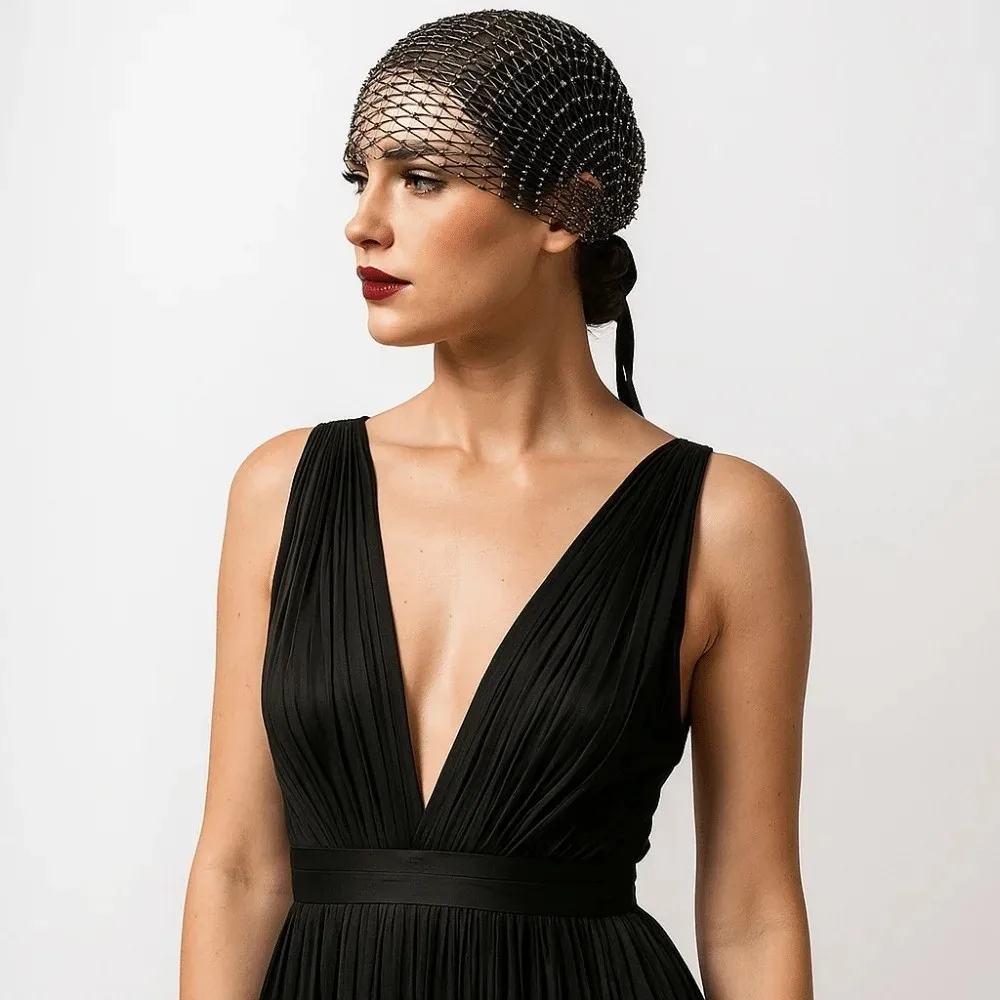 

Fashion Elastic Rhinestone Face Veil Stretchable Adjustable Hollow Out Beanies Sparkling Bridal Headwear Evening Party