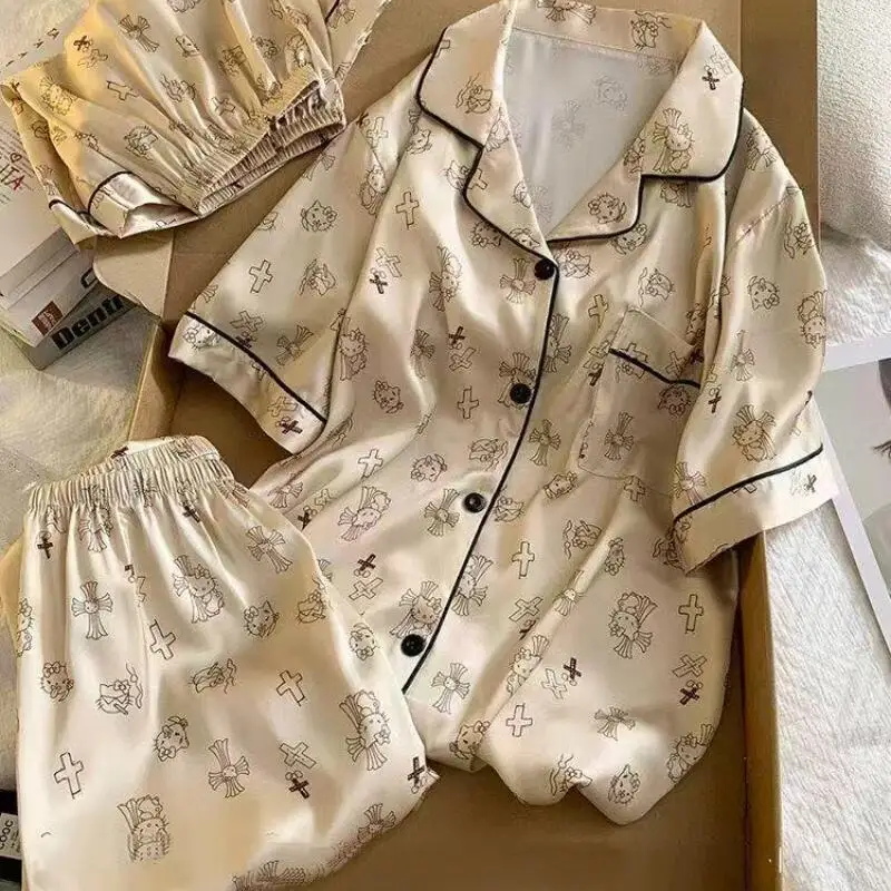 Hello Kitty Female Summer Pajamas Popular Girls Spring Autumn Short-Sleeved Shorts Three-Piece Set Casual Cartoon Home Clothes view 5