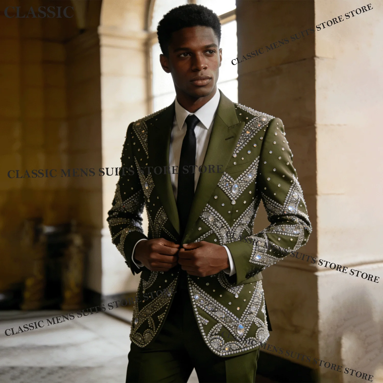 

Glitter Tuxedos Men Suits Diamond Decoration Peaked Lapel Groom 2 Pieces Set Customized Luxury Wedding Male Prom Blazers suit