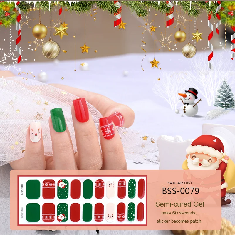 20 Tips Christmas Semi-cured Gel Nail Stickers  UV/LED Lamp Cured Long Lasting Full Cover  Nail Art Decorations