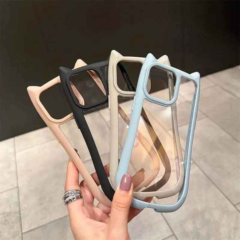 Korean Cute Funny Candy Color 3D Cat Ears Transparent Case For iPhone 16 15 14 ProMax Plus 13 12 11 X XS Pro Max XR Kawaii Cover - náhled 2